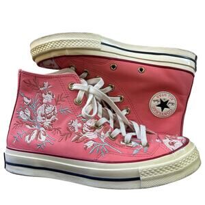 Converse Chunk 70 High Embroidered Leather Pink Coral Floral Sneaker Size 6